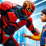 **Image Prompt:** A dynamic scene depicting Supertron characters Bablu and Manika in action. Bablu, looking intelligent and brave, is strategizing while Manika, kind and helpful, assists him. The background includes elements suggesting a social issue they are addressing, with vibrant colors to appeal to children.