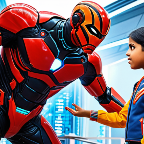 Home 4 **Image Prompt:** A dynamic scene depicting Supertron characters Bablu and Manika in action. Bablu, looking intelligent and brave, is strategizing while Manika, kind and helpful, assists him. The background includes elements suggesting a social issue they are addressing, with vibrant colors to appeal to children.