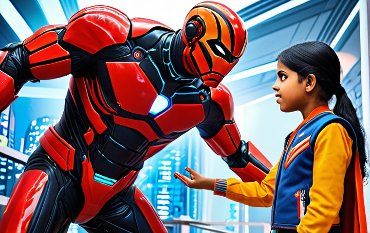 **Image Prompt:** A dynamic scene depicting Supertron characters Bablu and Manika in action. Bablu, looking intelligent and brave, is strategizing while Manika, kind and helpful, assists him. The background includes elements suggesting a social issue they are addressing, with vibrant colors to appeal to children.
