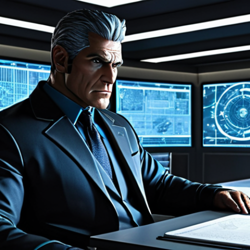 Home 7 The Power-Hungry Villain**
A professional-looking character, Dr. Destructo, in a dark, futuristic office setting, fully clothed in a high-tech suit. He is seated at a large desk covered in blueprints and glowing screens. Expression shows ambition and a hint of desperation. Background elements suggest world domination plans. Safe for work, appropriate content, perfect anatomy, natural proportions, professional illustration.
**