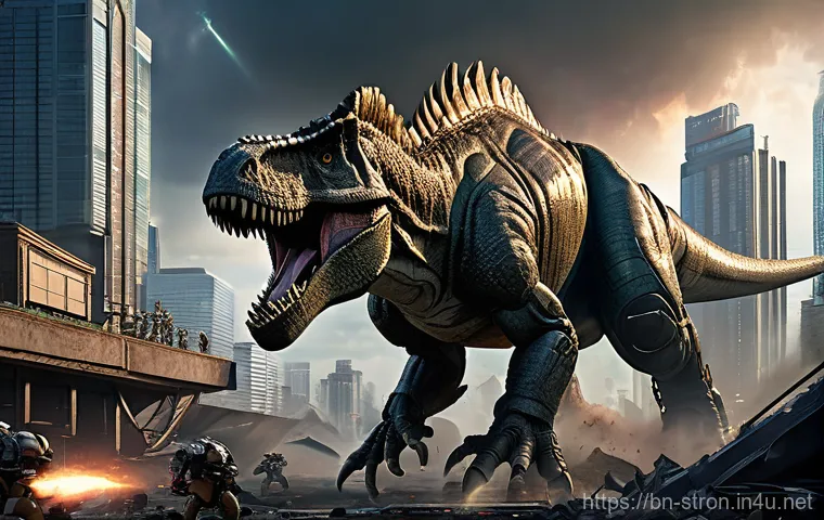 슈퍼트론의 주요 장면과 미술적 디테일 - Prompt 1: Epic Urban Battle - Robots vs. Augmented Dinosaur**