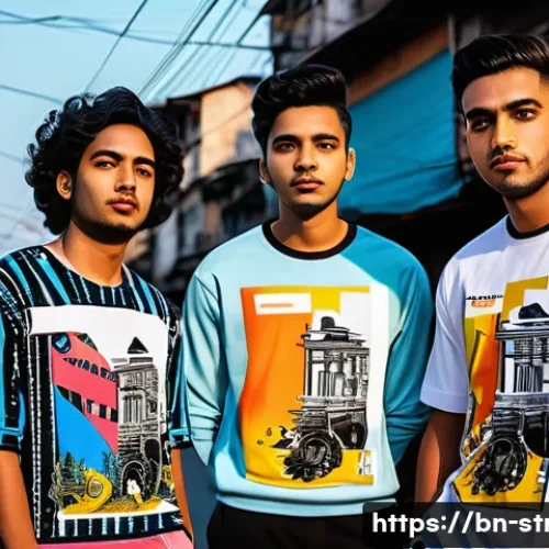 슈퍼트론과 현대 팝 컬처와의 연관성 - A vibrant street fashion scene featuring young Bengali individuals wearing Supertron-themed apparel,...