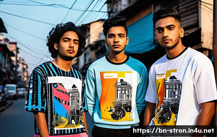 슈퍼트론과 현대 팝 컬처와의 연관성 - A vibrant street fashion scene featuring young Bengali individuals wearing Supertron-themed apparel,...