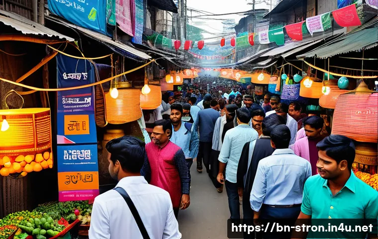 슈퍼트론의 경제적 영향력 분석 - A bustling modern marketplace in Bangladesh showcasing rapid product innovation driven by Supertron ...